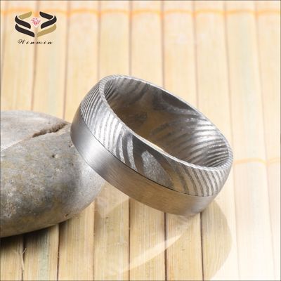 Men Fashion Jewelry 8mm Damascus Steel Ring Inlay Silver Tungsten Loop Wedding Band with Jewelry Main Material and Pearl Type Other