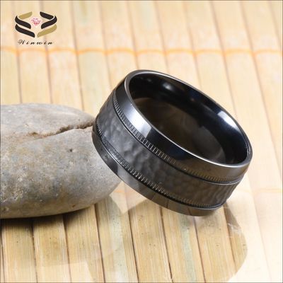 Third Party Appraisal Geometric 8mm Custom Dome Edge Hammered Two Gear Pattern Black Zirconium Ring for Men Wedding Band