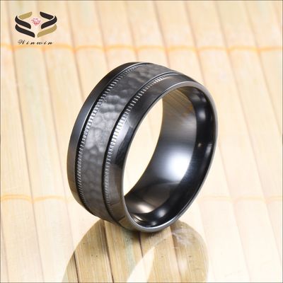 Third Party Appraisal Geometric 8mm Custom Dome Edge Hammered Two Gear Pattern Black Zirconium Ring for Men Wedding Band