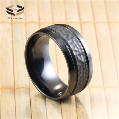 Third Party Appraisal Geometric 8mm Custom Dome Edge Hammered Two Gear Pattern Black Zirconium Ring for Men Wedding Band