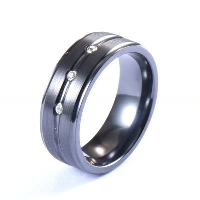 8mm Black Zirconium Ring with Silver CZ Diamond Stones Inlaid Single Groove Men's Wedding Band Plating Color N/A