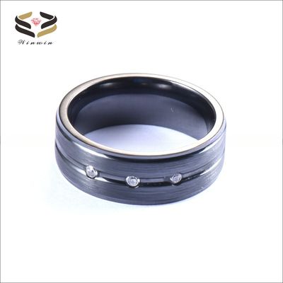 8mm Black Zirconium Ring with Silver CZ Diamond Stones Inlaid Single Groove Men's Wedding Band Plating Color N/A