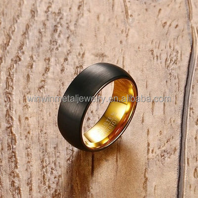 8mm Black Brushed Tungsten Wedding Band Ring with Gold Inner Vintage Style for Unisex