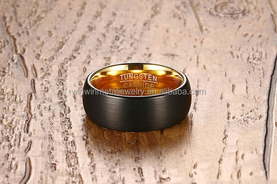 8mm Black Brushed Tungsten Wedding Band Ring with Gold Inner Vintage Style for Unisex