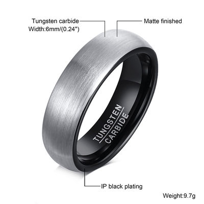 6mm Silver Brushed Tungsten Wedding Band with Black Inner for Unisex Engagement and Anniversary