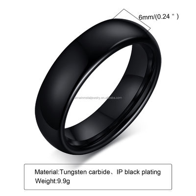 6mm Simple Classic Black Polished Tungsten Wedding Band Ring Trendy Gift for Engagement and Parties
