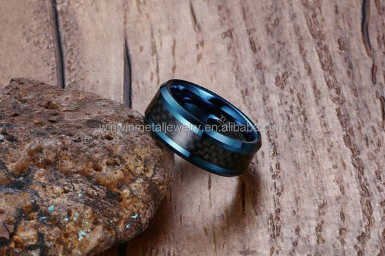 8mm Comfort Fit Tungsten Wedding Band Ring with Black Carbon Fiber Inlaid and Classic Gold Polished Finish