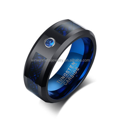 Blue Carbon Fiber Tungsten Carbide Wedding Band with Beveled Edges and Stylish Design
