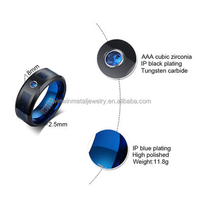 Blue Carbon Fiber Tungsten Carbide Wedding Band with Beveled Edges and Stylish Design