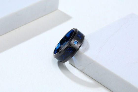 Blue Carbon Fiber Tungsten Carbide Wedding Band with Beveled Edges and Stylish Design