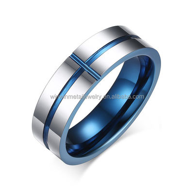 Blue 6mm Grooved Cross Tungsten Wedding Band Ring for Men & Women Trendy Comfort Fit