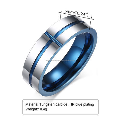 Blue 6mm Grooved Cross Tungsten Wedding Band Ring for Men & Women Trendy Comfort Fit