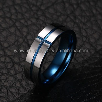 Blue 6mm Grooved Cross Tungsten Wedding Band Ring for Men & Women Trendy Comfort Fit