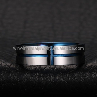 Blue 6mm Grooved Cross Tungsten Wedding Band Ring for Men & Women Trendy Comfort Fit