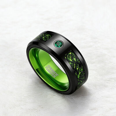 8MM Black Gun Plated Tungsten Wedding Band with Green Cubic Zirconia Inlay for Men and Women