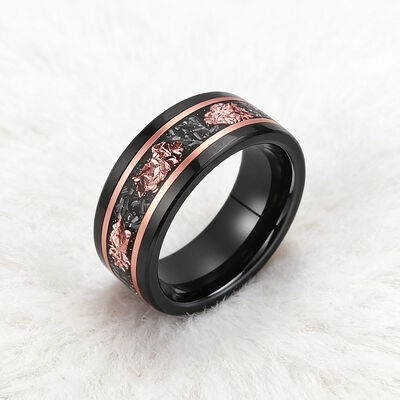 8mm Black Hammered Tungsten Wedding Band with Meteorite & Rose Gold Leaf Inlay - Scratch & Deformation Proof