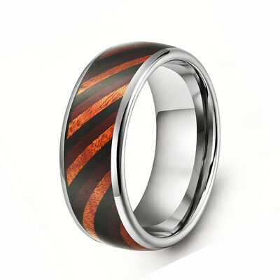 8mm Dome Silver Polished Tungsten Ring with Natural Wood Grain Inlay for Men Women Engagement Wedding Band