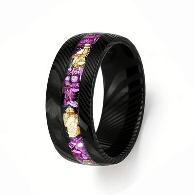8mm Black Damascus Steel Ring with Amethyst & Gold Leaf Inlay - Stylish Wedding Band for Men and Women