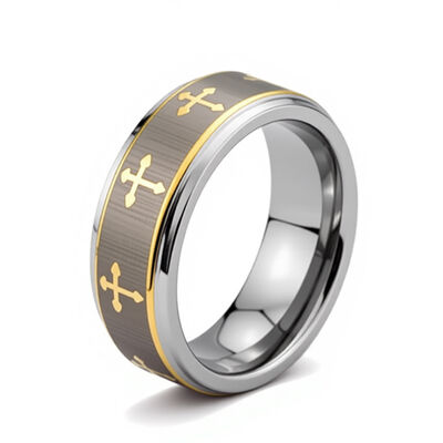 Wholesale Silver Plated Tungsten Ring with Laser Crosses Engraved and Channel Setting Inlay for Men's Wedding Band