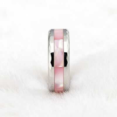 8mm Silver Plated Tungsten Carbide Ring with Pink Shell Inlay for Men and Women Wedding Band