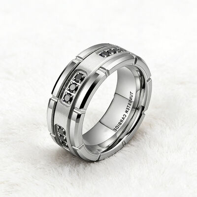 Silver Plated Tungsten Wedding Band Ring with Black Diamond Brushed Inlay and High-Hardness Tungsten for Men and Women