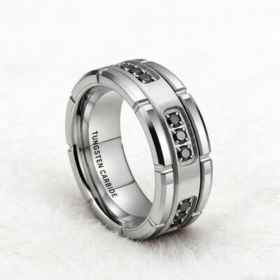 Silver Plated Tungsten Wedding Band Ring with Black Diamond Brushed Inlay and High-Hardness Tungsten for Men and Women