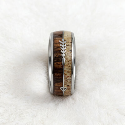 Men's Tungsten Ring with Deer Antler & Koa Wood Inlay and Silver Arrow Design for Wedding and Party