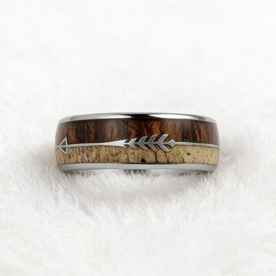 Men's Tungsten Ring with Deer Antler & Koa Wood Inlay and Silver Arrow Design for Wedding and Party