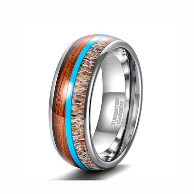 8mm Width Tungsten Wedding Band with Deer Antler & Koa Wood Inlay and Turquoise Inlay for Men and Women