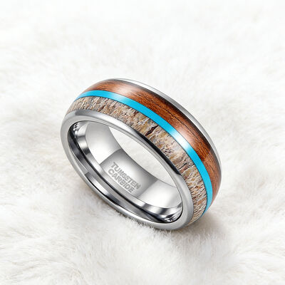 8mm Width Tungsten Wedding Band with Deer Antler & Koa Wood Inlay and Turquoise Inlay for Men and Women