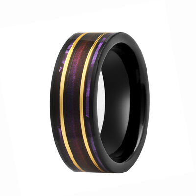 Flat Black Tungsten Ring with Purple Shimmer-Sand Base and Gold Inlay for Men and Women