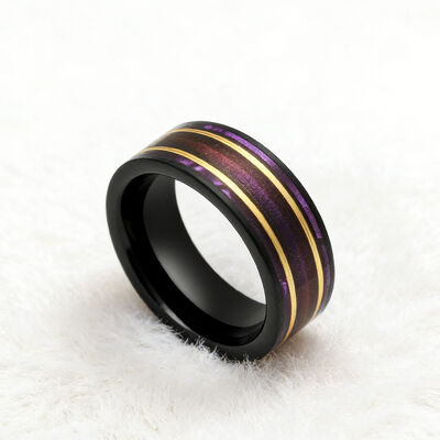 Flat Black Tungsten Ring with Purple Shimmer-Sand Base and Gold Inlay for Men and Women