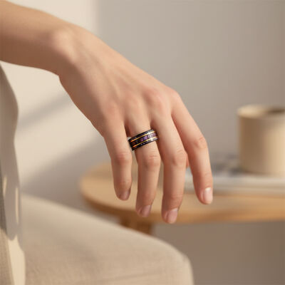 Flat Black Tungsten Ring with Purple Shimmer-Sand Base and Gold Inlay for Men and Women