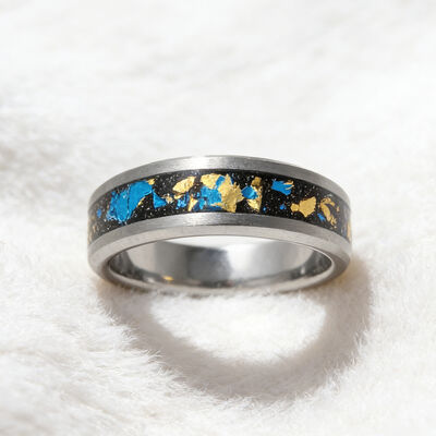 Custom Beveled Edges Tungsten Ring with Gold Foil Leaf Laser Engraving and Sandstone Inlay for Men's Wedding Bands