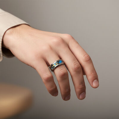 Custom Beveled Edges Tungsten Ring with Gold Foil Leaf Laser Engraving and Sandstone Inlay for Men's Wedding Bands