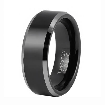 8MM Black Tungsten Wedding Band Ring with Silver Beveled Edge for Men and Women