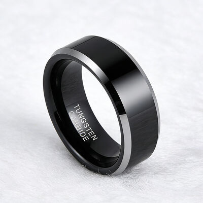 8MM Black Tungsten Wedding Band Ring with Silver Beveled Edge for Men and Women