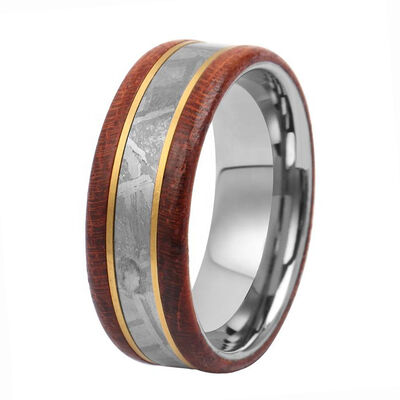 8mm Width Tungsten Wedding Band with Muonionalusta Meteorite and Koa Wood Inlay for Men and Women