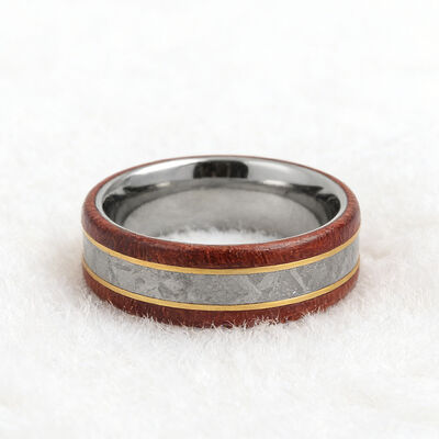 8mm Width Tungsten Wedding Band with Muonionalusta Meteorite and Koa Wood Inlay for Men and Women