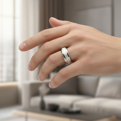 Silver Plated Tungsten Wedding Band Ring with Natural White Geometric Line and Beveled Edge Inlay for Men and Women