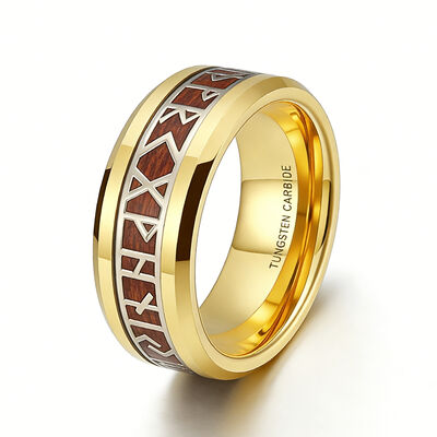 24K Gold Plated Tungsten Wedding Band with Viking Rune & Hawaii Koa Wood Inlay - Scratch & Deformation Proof