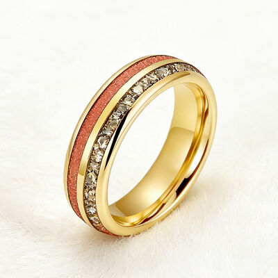 Custom Gold Polished Tungsten Wedding Band with Red Sandstone Inlay and German Glass
