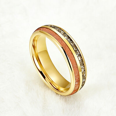 Custom Gold Polished Tungsten Wedding Band with Red Sandstone Inlay and German Glass
