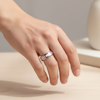 6mm Silver Plated Tungsten Wedding Band with Pink Mother of Pearl Inlay Unisex Tungsten Ring