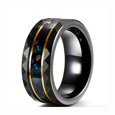 8mm Black Plated Tungsten Wedding Band Ring with Opal Gemstone for Men and Women