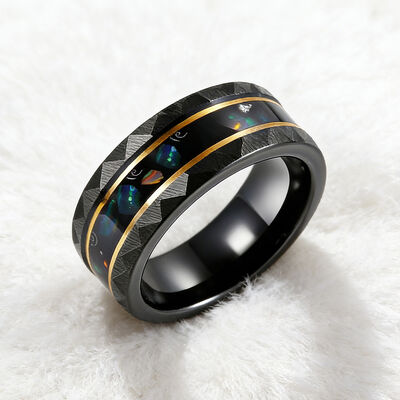 8mm Black Plated Tungsten Wedding Band Ring with Opal Gemstone for Men and Women