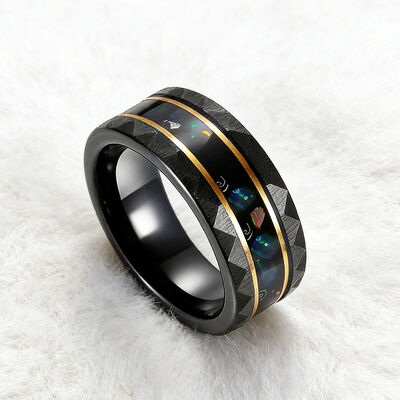 8mm Black Plated Tungsten Wedding Band Ring with Opal Gemstone for Men and Women