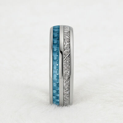 Fashion Style Tungsten Ring with Blue Carbon Fiber & Meteorite Inlay for Men and Women Wedding Band